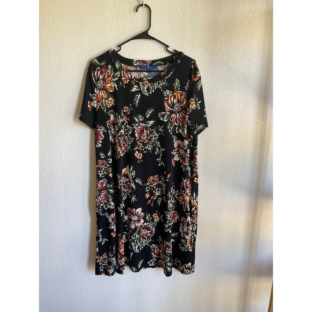 Apt. 9 Womens XL Black Floral Short Sleeve Shift Dress Jersey Knit Crew Neck